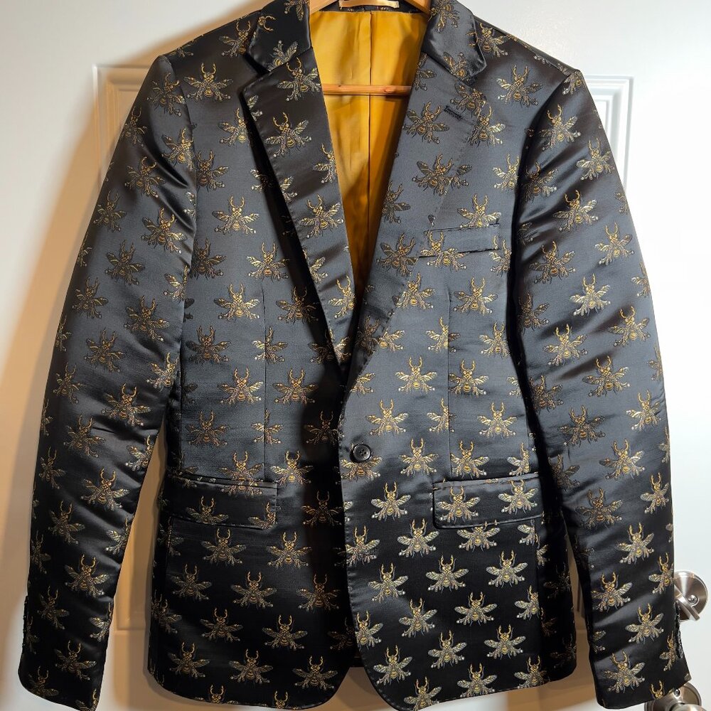 Devil's Advocate Jacquard Jacket Black w/ Metallic Embroidered Bees Men's 40R